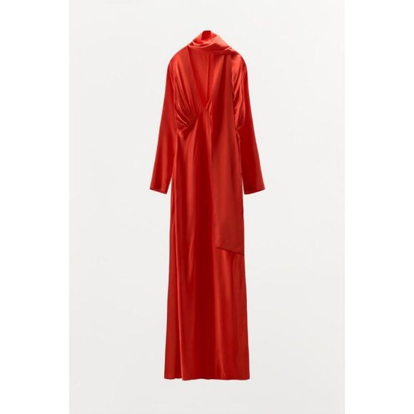 ZARA SATIN DRESS WITH BATWING SLEEVES AND SCARF - Picture 1 of 5